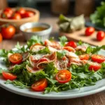 Sałatka z rukolą, szynką parmeńską i pomidorkami koktajlowymi: przepis krok po kroku