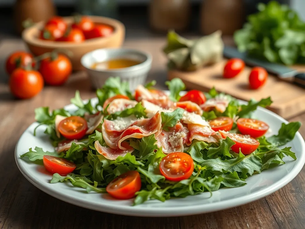 Sałatka z rukolą, szynką parmeńską i pomidorkami koktajlowymi: przepis krok po kroku