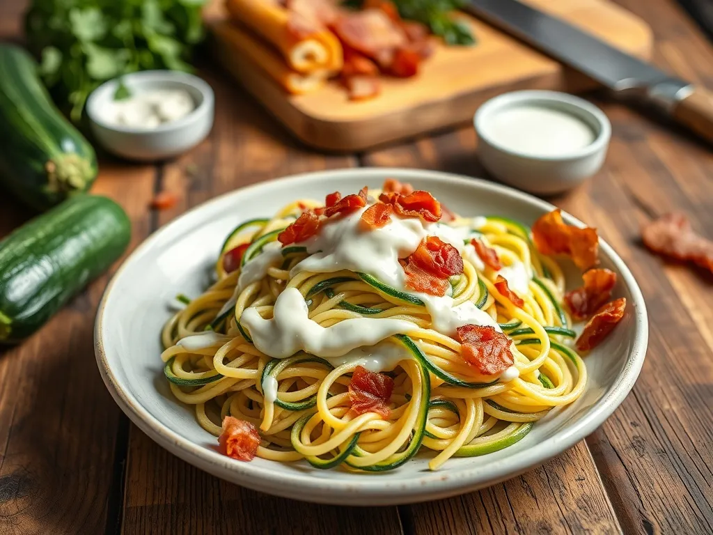 Makaron z cukinią i boczkiem w sosie śmietanowym: prosty przepis krok po kroku