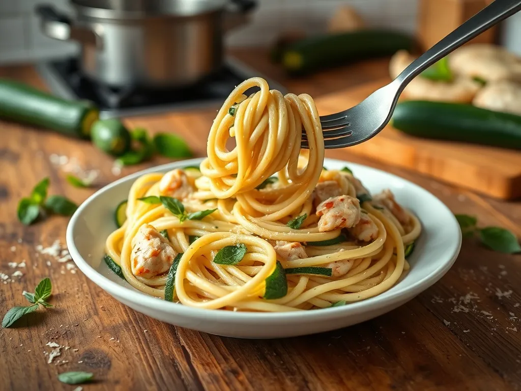 Makaron z kurczakiem i cukinią w sosie śmietanowym: przepis na obiad