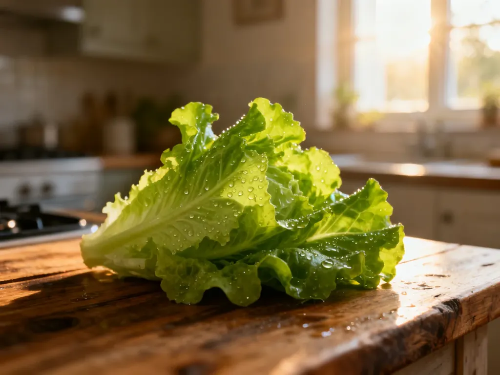 Świeże, chrupiące liście sałaty z kroplami wody na rustykalnym blacie, podkreślające naturalną świeżość produktu.