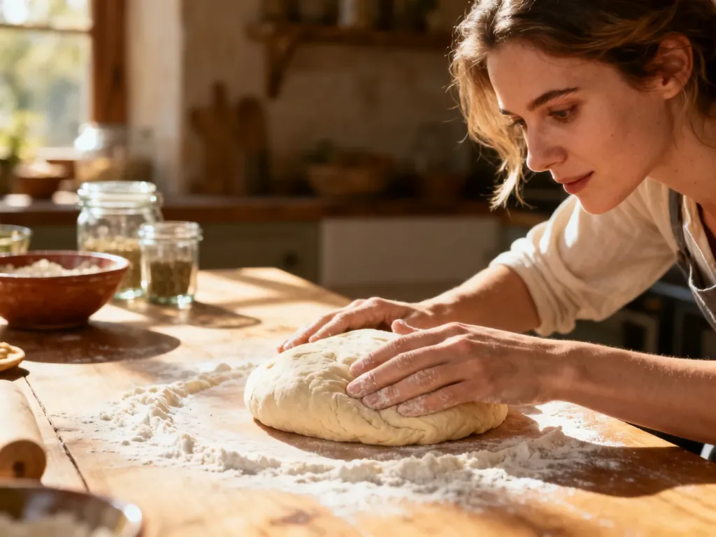 Kobieta formuje kulę ciasta na pizzę na oprószonym mąką drewnianym blacie w przytulnej kuchni.