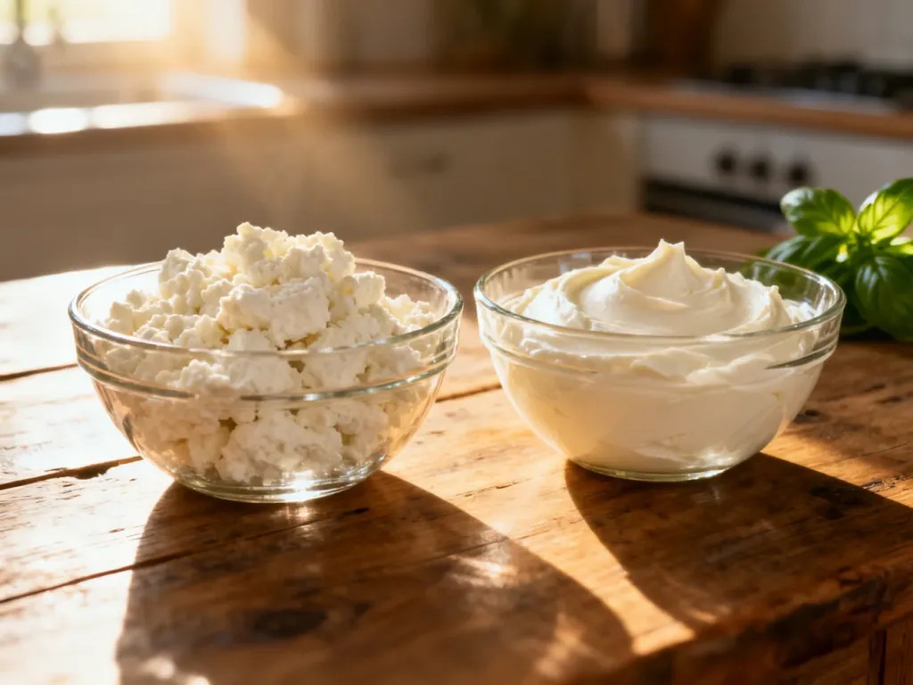 Dwie miseczki z serami na drewnianym stole: ziarnista ricotta oraz gładkie, kremowe mascarpone w naturalnym świetle.