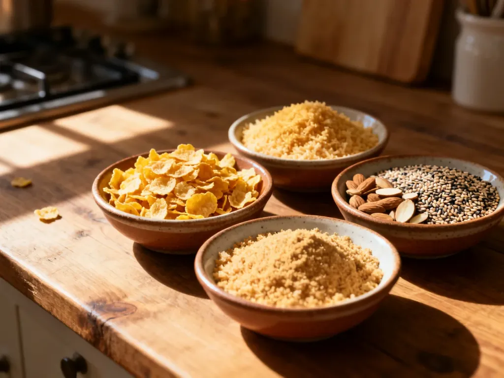 Różne zamienniki bułki tartej, takie jak płatki kukurydziane, panko, mielone migdały i sezam w ceramicznych miseczkach.