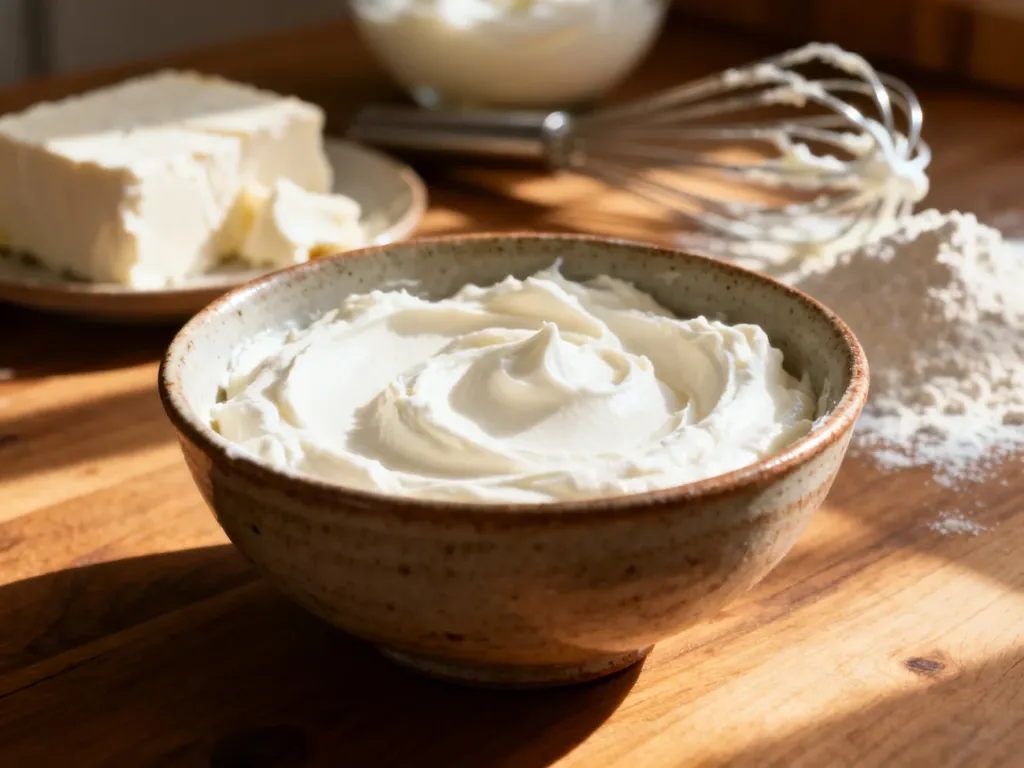 Kremowa masa w rustykalnej miseczce jako alternatywa dla serka mascarpone, przygotowana z naturalnych składników.