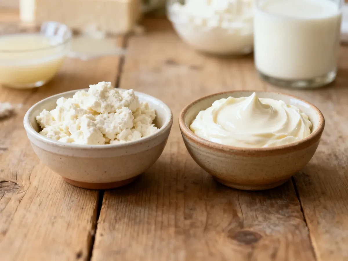 Miseczki z ricottą i mascarpone pokazujące różnicę ich konsystencji