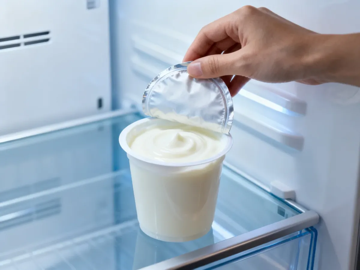 Otwarty jogurt naturalny szczelnie zamknięty i przechowywany na półce lodówki